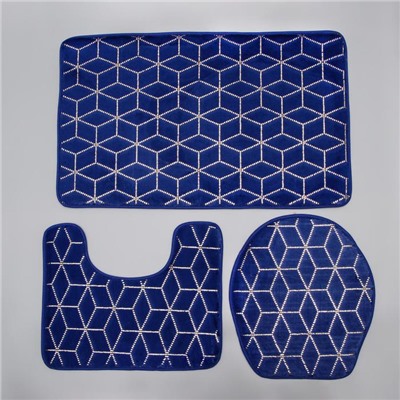 Набор ковриков для ванной и туалета Доляна «Геометрик», 3 шт: 35×40, 40×50, 50×80 см, цвет синий