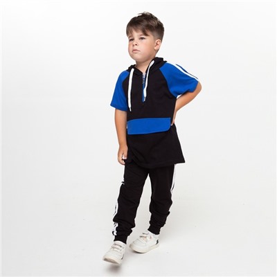 Комплект для мальчика (футболка, брюки), цвет чёрный/синий МИКС, рост 104-110 см