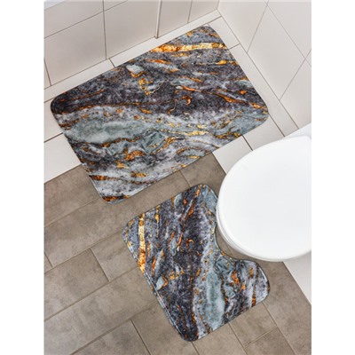 Набор ковриков для ванной и туалета Доляна «Мрамор», 2 шт: 79×50, 50×39 см, цвет серый