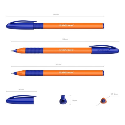 Набор ручек шариковых ErichKrause U-109 Orange Stick&Grip, 3 штуки, игольчатый узел 1.0 мм, цвет чернил синий, супермягкое письмо, резиновый упор, корпус оранжевый