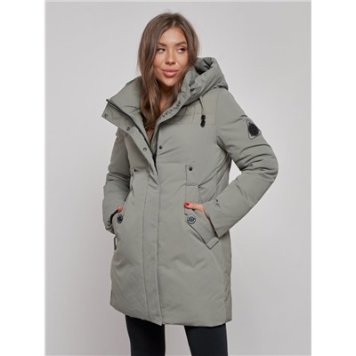 Зимняя женская куртка молодежная с капюшоном цвета хаки 589003Kh