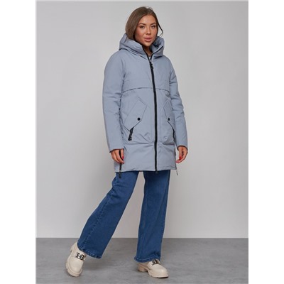 Зимняя женская куртка молодежная с капюшоном голубого цвета 58622Gl