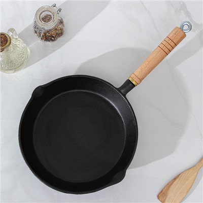 Сковорода чугунная Доляна «Эко», d=23 см, с 2 сливами, деревянная ручка, цвет чёрный