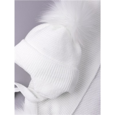 Шапка вязаная детская с помпоном на завязках, меланж + шарф с помпонами, белый