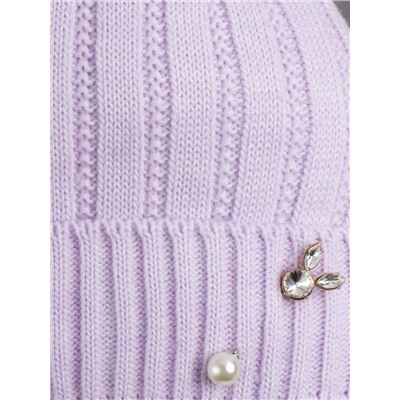 Шапка вязаная для девочки на отвороте брошь, на завязках, помпон+шарф с помпонами, нежно-лиловый