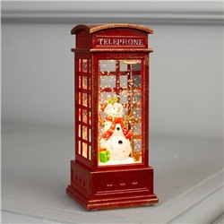 Фигура свет. "Снеговик в красной телефонной будке" 12х5х5 см, 1 LED, блестки, Т/БЕЛЫЙ