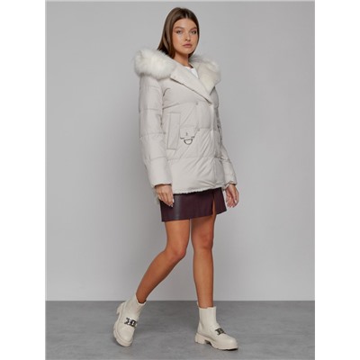 Куртка зимняя женская модная с мехом бежевого цвета 133120B