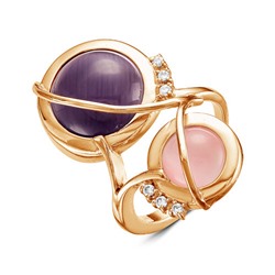 Позолоченное кольцо с камнями "кошачий глаз" фиолетового и розового цвета - 608 - п