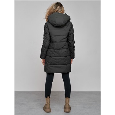 Зимняя женская куртка молодежная с капюшоном темно-серого цвета 589006TC