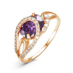 Позолоченное кольцо с фианитом фиолетового цвета 008 - п