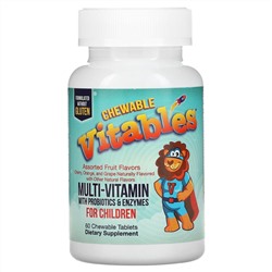 Vitables, жевательные мультивитамины с пробиотиками и ферментами для детей, фруктовое ассорти, 60 вегетарианских таблеток