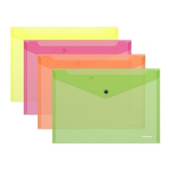Папка-конверт на кнопке А4, 140 мкм, ErichKrause Fizzy Neon, полупрозрачная, микс