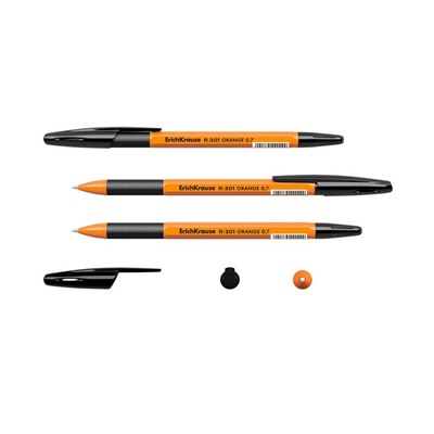 Ручка шариковая ErichKrause R-301 Orange Stick & Grip, узел 0.7 мм, стержень чёрный, резиновый упор, длина линии письма 1000 метров