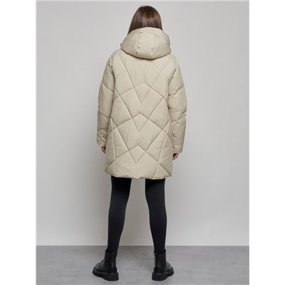 Зимняя женская куртка модная с капюшоном бежевого цвета 52361B