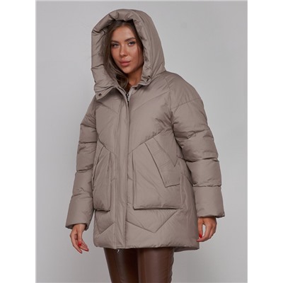 Зимняя женская куртка модная с капюшоном светло-коричневого цвета 52362SK