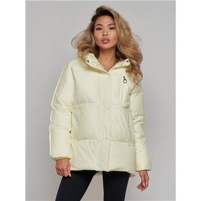 Зимняя женская куртка модная с капюшоном светло-желтого цвета 52308SJ