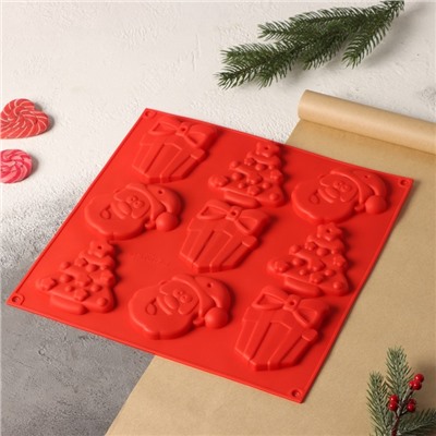 Форма для шоколада 3D Доляна «Подарки под ёлкой», 30×30 см, силикон, 9 ячеек, цвет красный