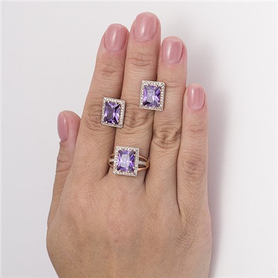 Позолоченное кольцо с фианитом фиолетового цвета - 1177 - п
