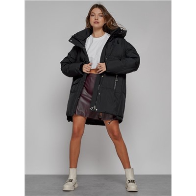 Зимняя женская куртка модная с капюшоном черного цвета 51122Ch