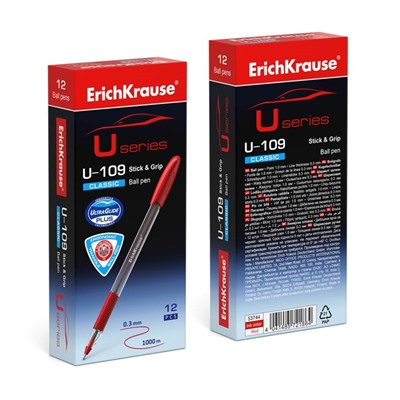 Ручка шариковая ErichKrause U-109 Classic Stick&Grip, узел 1.0 мм, грип, чернила красные