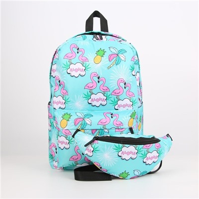Рюкзак, отдел на молнии, наружный карман, 2 боковых кармана, поясная сумка, цвет зелёный, «Фламинго»