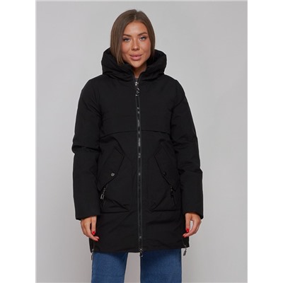 Зимняя женская куртка молодежная с капюшоном черного цвета 58622Ch
