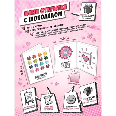 Мини открытка, ЛЮБИМОЙ МАМЕ, молочный шоколад, 5 гр., TM Chokocat
