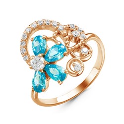 Позолоченное кольцо с фианитами голубого цвета  007 - п
