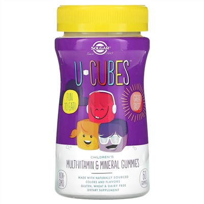 Solgar, U-Cubes, жевательные конфеты для детей с мультивитаминами и микроэлементами, вишня и апельсин, 60 шт.