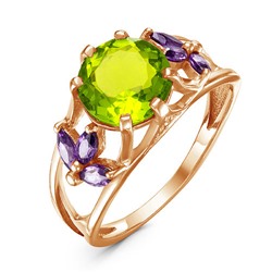 Позолоченное кольцо с фианитом салатового цвета - 541 - п