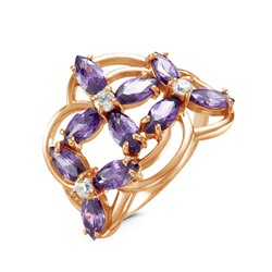 Позолоченное кольцо с фианитами фиолетового цвета 002 - п