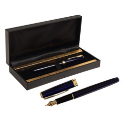 Ручка подарочная перьевая в кожзам футляре ПБ S, корпус синий с золотом