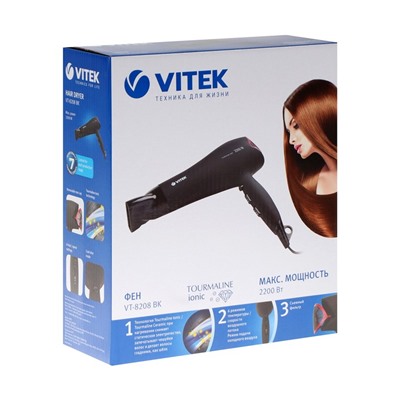 Фен Vitek VT-8208 BK, 2200 Вт, 3 режимов, 3 скорости, ионизация, чёрный