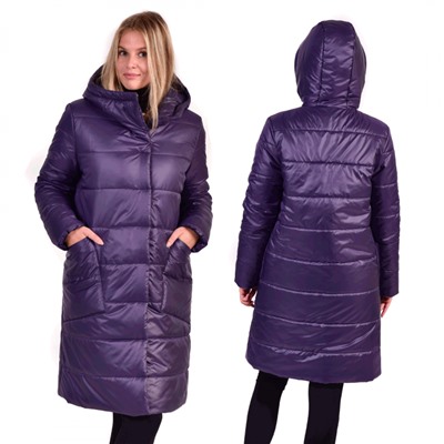 Пальто зимнее с объёмным капюшоном и с накладными карманами, цвет-баклажан