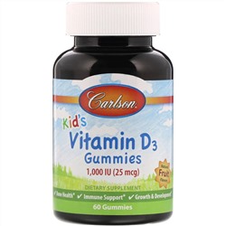 Carlson Labs, Детские жевательные таблетки с витамином D3, натуральные фруктовые ароматизаторы, 25 мкг (1000 МЕ), 60 шт.