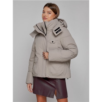 Зимняя женская куртка модная с капюшоном светло-коричневого цвета 52413SK