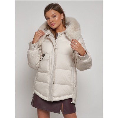 Куртка зимняя женская модная с мехом бежевого цвета 13301B