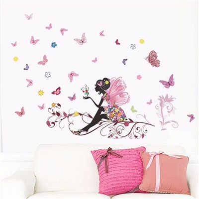 Наклейка "Цветочная фея с бабочками" виниловая самоклеящаяся