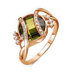 Позолоченное кольцо с фианитом оливкового цвета - 009 - п