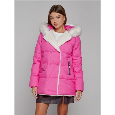 Куртка зимняя женская модная с мехом розового цвета 133120R