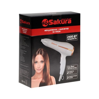 Фен Sakura SA-4052, 2400 Вт, 2 скорости, 3 температурных режима, белый