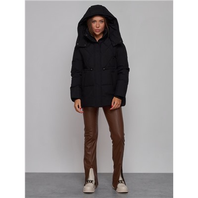 Зимняя женская куртка модная с капюшоном черного цвета 52302Ch