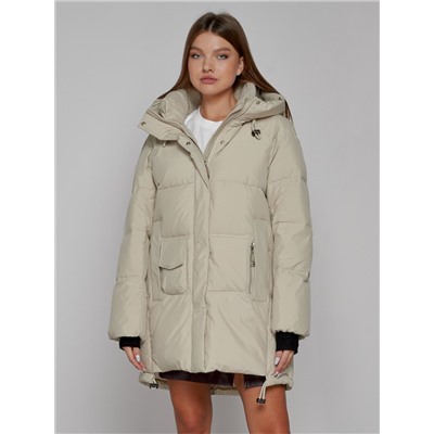 Зимняя женская куртка модная с капюшоном бежевого цвета 51122B