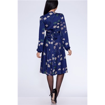 Платье 401 "Цветной трикотаж", темно-синий фон/белые цветы