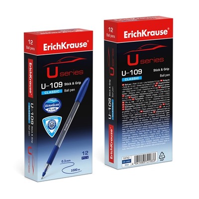 Ручка шариковая ErichKrause U-109 Classic Stick&Grip, узел 1.0 мм, грип, чернила синие
