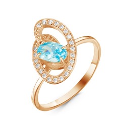 Позолоченное кольцо с фианитом голубого цвета  034 - п