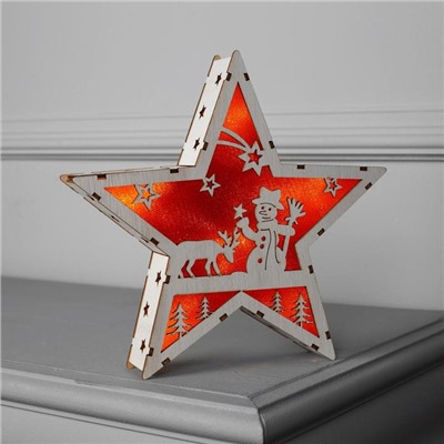 Фигура дерев. "Звезда со Снеговиком", 22х22х4 см, AАA*2 (не в компл.), 6 LED, красный фон