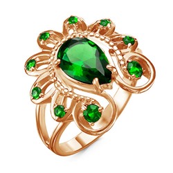 Позолоченное кольцо с фианитами зеленого цвета - 635 - п