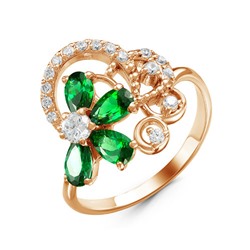 Позолоченное кольцо с фианитами зеленого цвета  007 - п