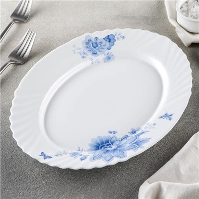 Блюдо сервировочное Доляна «Синий бриз», 30×22 см, овальное, стеклокерамика, цвет белый